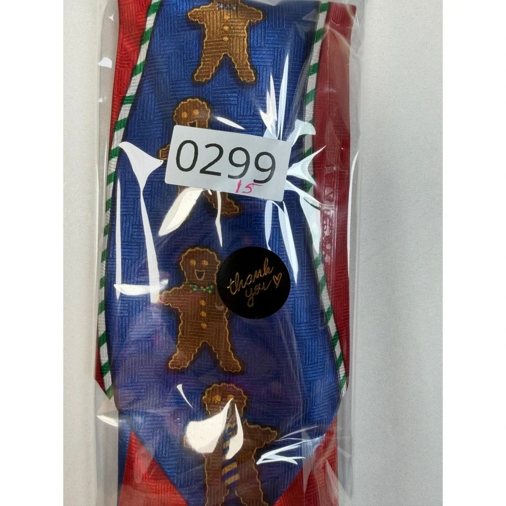 Mens Gingerbread Man Christmas Silk Tie Red Blue Candy Cane Stripe Holiday Tie